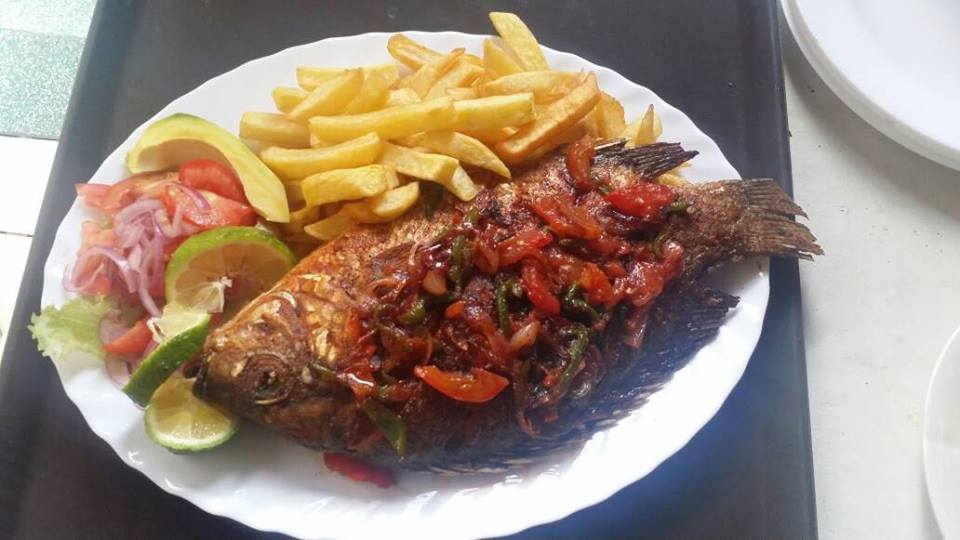 Fried fish & chips served at Jevine Hotel