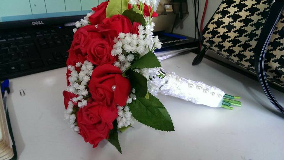 Natural red rose and white flower bridal bouquet by Bridal Bouquets By Janet