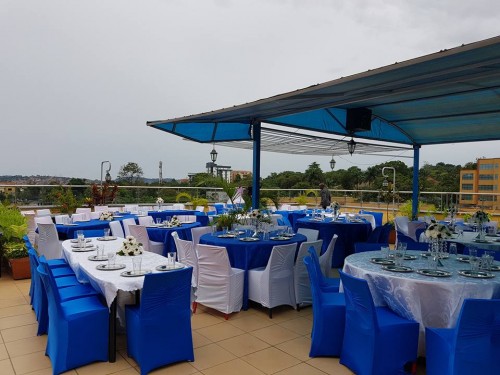 Blue & White rooftop party decorations at Aangan Indian Restaurant along Lugogo by pass