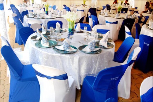 Blue and white inspired wedding decorations at Sapphire Hotel Limited