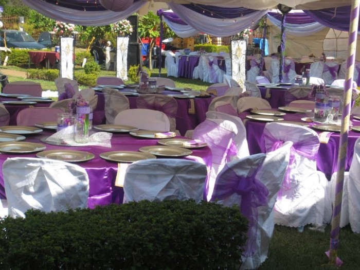 Purple and white themed wedding decorations at Bunga Leisure Gardens