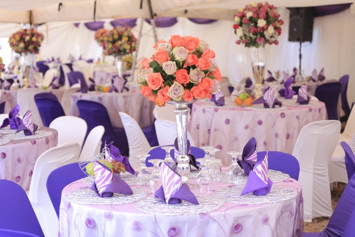 White and purple themed kwanjula decorations by Rossy Roots Events