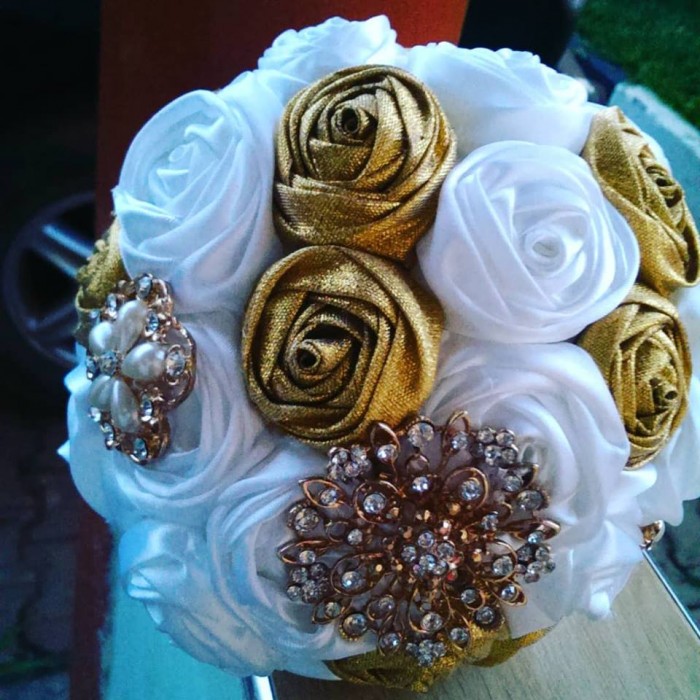 White and gold bridal bouquet by Bridal Bouquets By Janet
