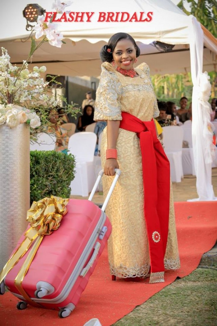 Barbara's Kwanjula Bridal Wear: Gold and Red Gomesi