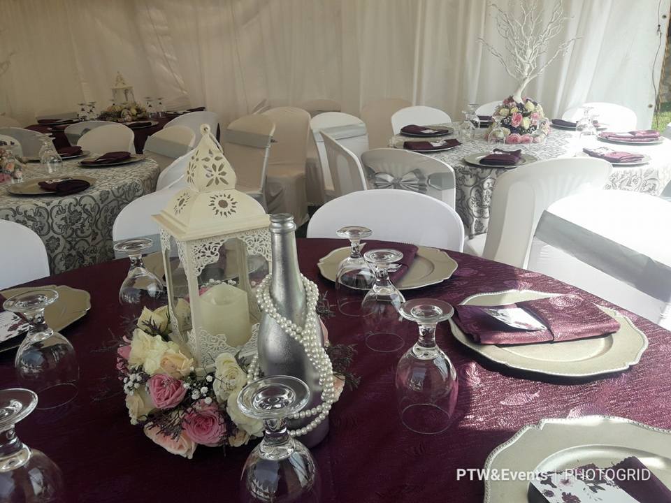 Plum and silver wedding decor for Jeremy and Fiona at All sisters gardens Sonde by PTW & Events