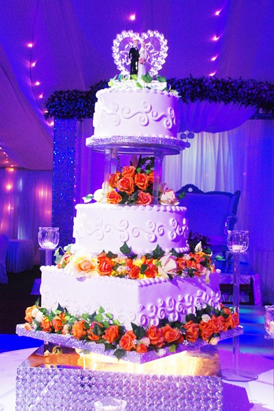 n elegant wedding cake baked by Sarahs Cakes